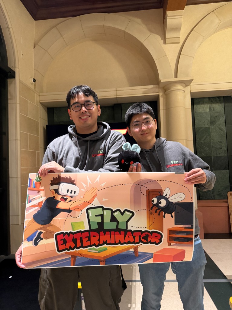 Matthew Tran and Chaeho Shin at USC Games Expo 2026 showcasing Fly Exterminator.